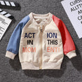Boys and girls Korean baseball casual jacket with V-neck and cartoon prints in beige on white background