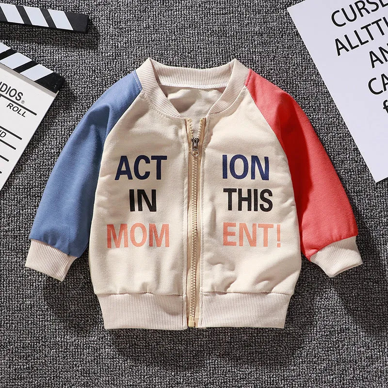 Boys and girls Korean baseball casual jacket with V-neck and cartoon prints in beige on white background