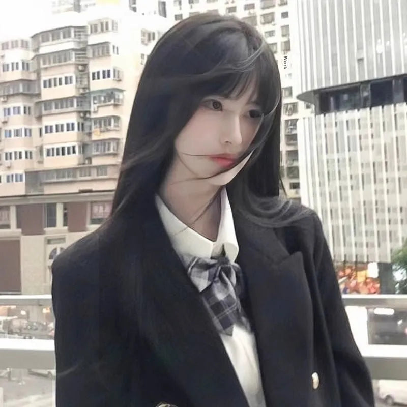 Black long straight synthetic wig with bangs for women in brown-black colour option
