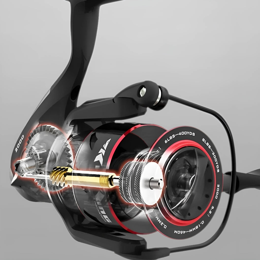 All-metal fishing reel attached to telescopic fishing rod in collapsed position
