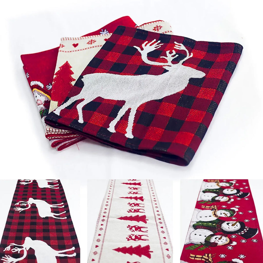 Christmas table runner with elk and snowman design on cotton linen fabric
