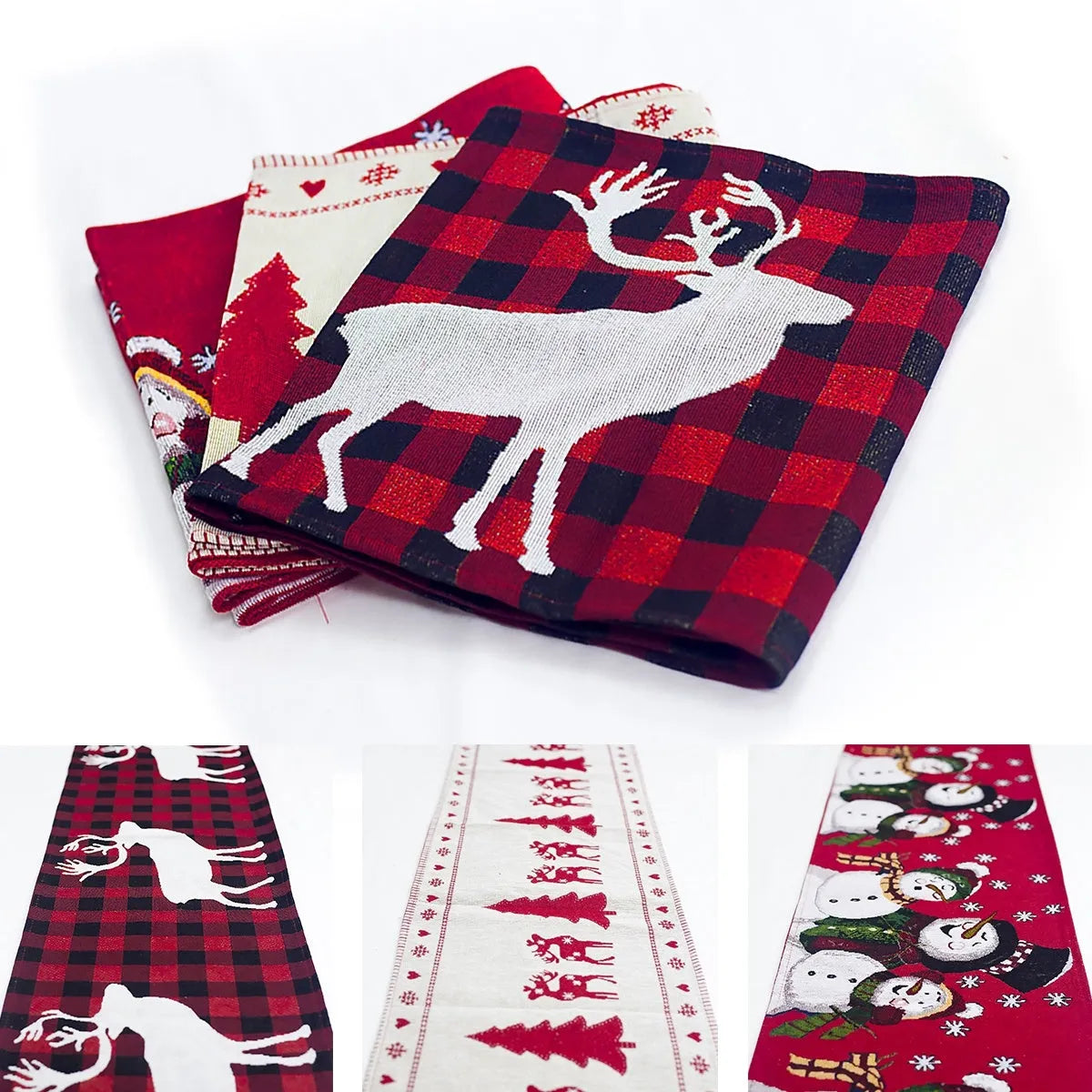 Christmas table runner with elk and snowman design on cotton linen fabric