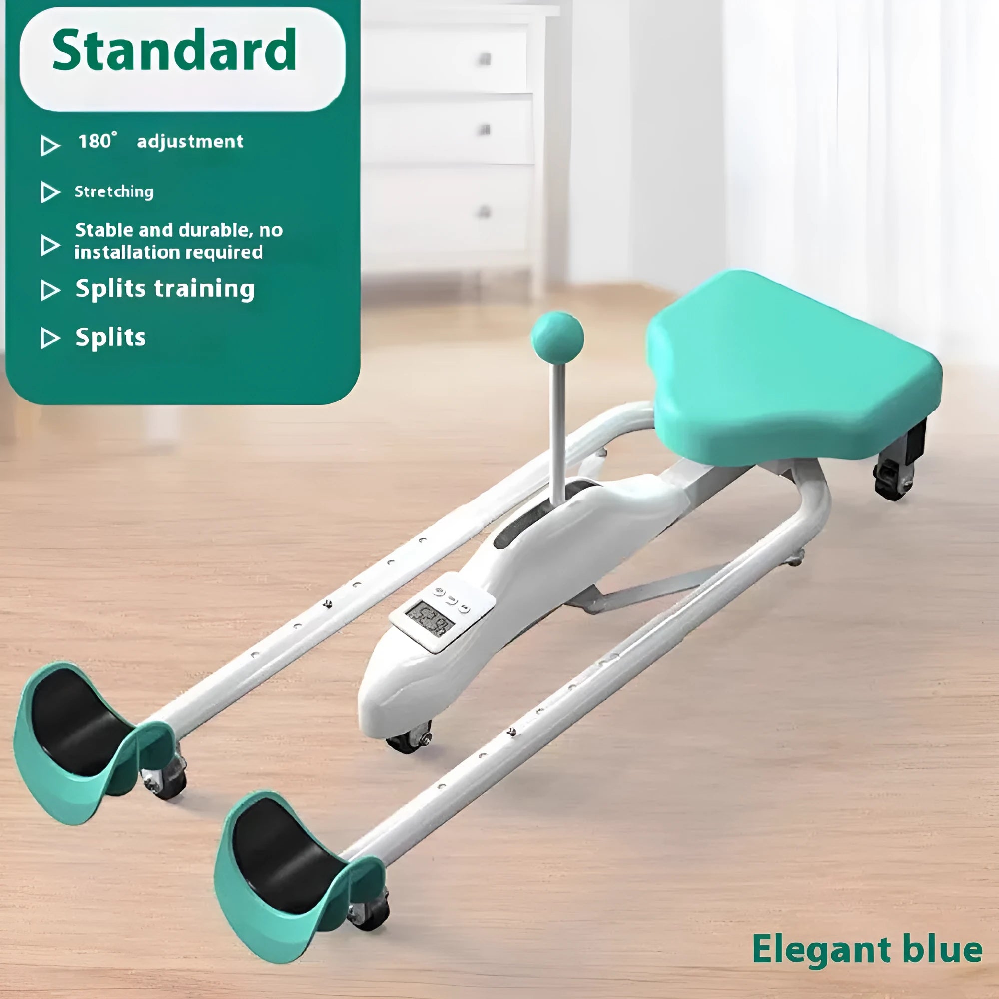 A pink leg stretching device with foam-padded bars, shown with an optional backrest attachment.