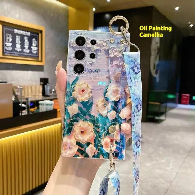 Oil painting flower phone case with rhinestone wristband lanyard for Samsung, blue purple flower design
