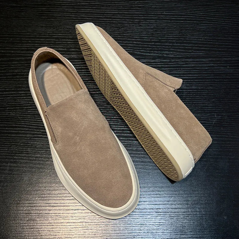 Men's apricot and grey casual slip-on shoes with round toe and rubber sole on a white background.