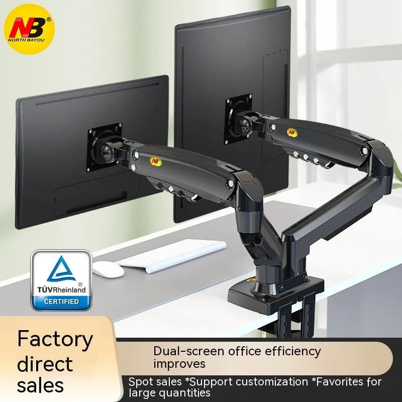 Black dual screen monitor bracket with adjustable height desk clamp for VESA 75-100mm mounting patterns