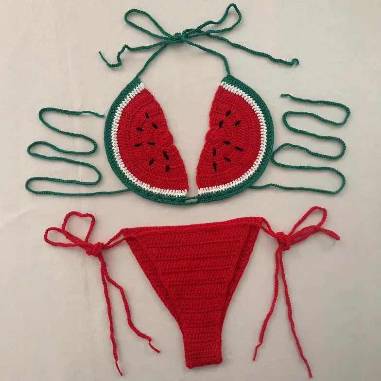 Handmade crocheted two-piece bikini in mixed colour with lace-up shoulder straps, free size adjustable fit