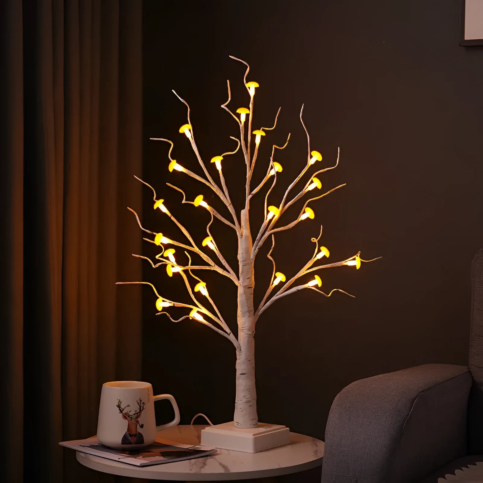 60cm tall white plastic birch tree lamp with small mushroom flowers and warm white LED light.