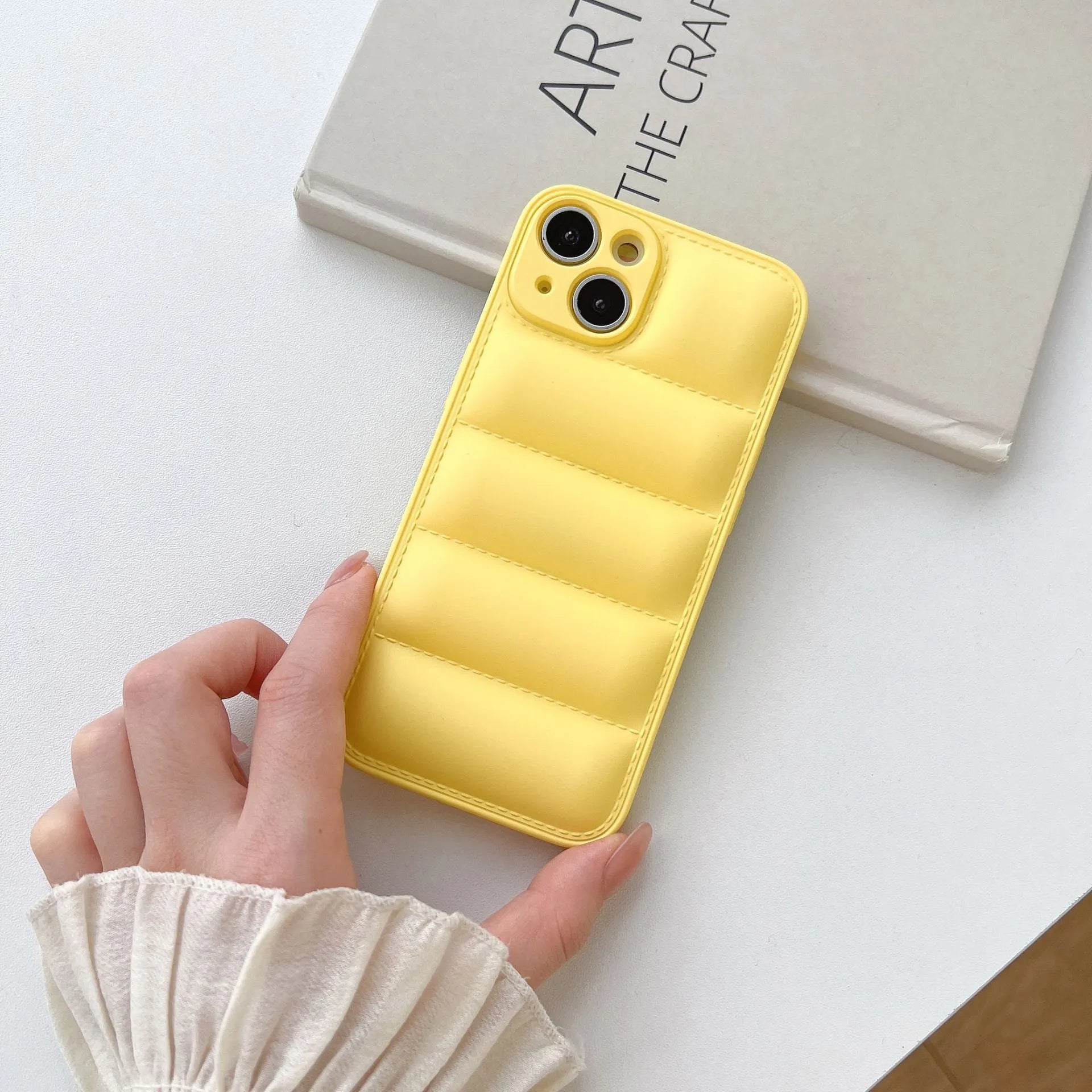 Plastic down jacket phone case for iPhone 15 series in black, shockproof TPU back cover