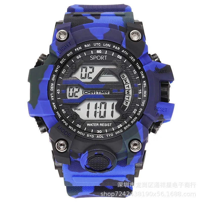Men's sports watch with large dial, number display, and waterproof rating of 10m
