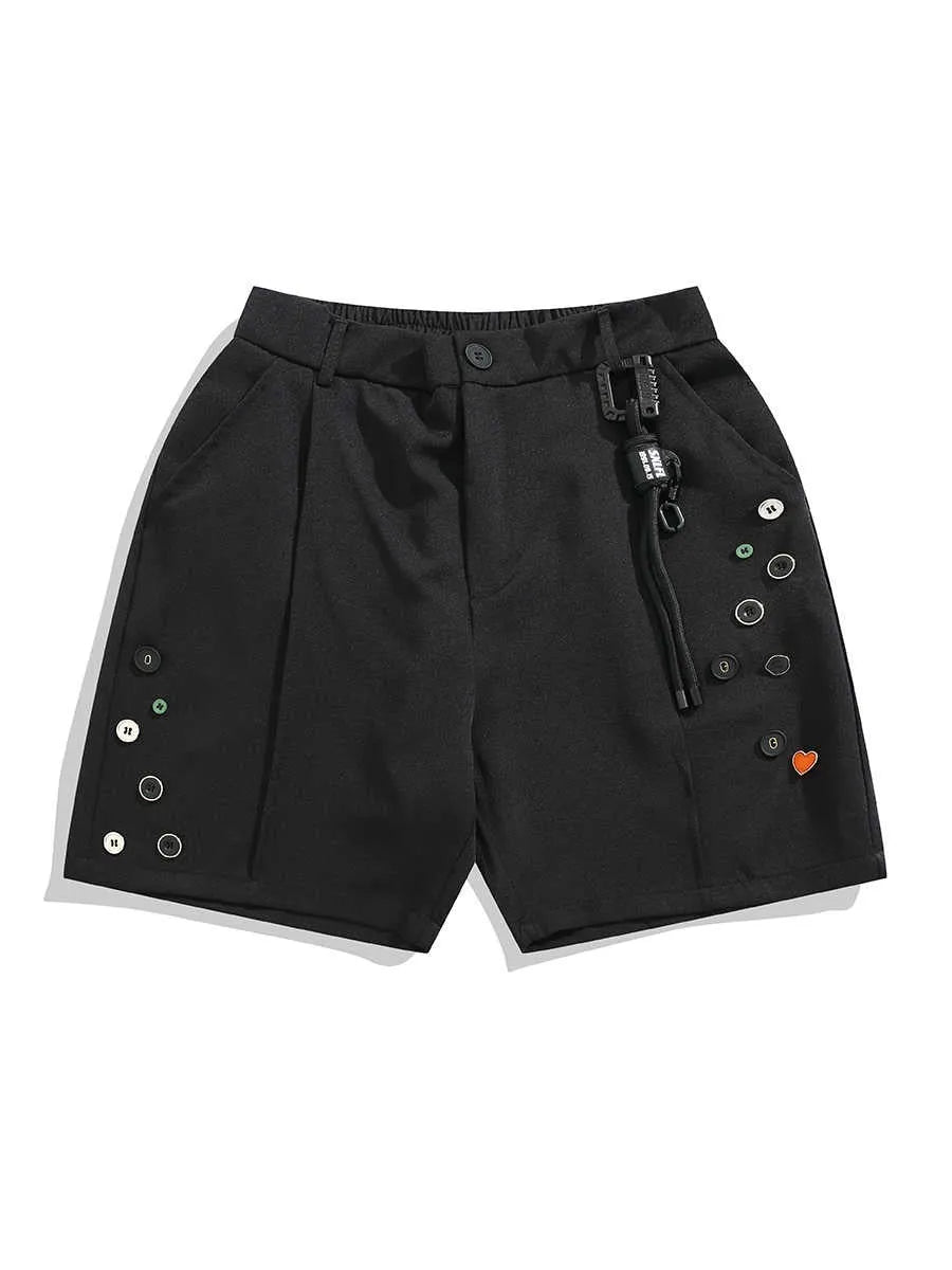 Men's black semi-elastic shorts with button and zip fly in loose straight-leg style