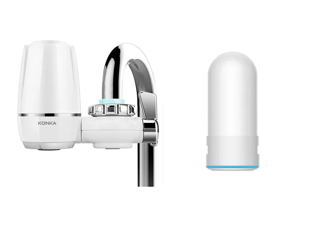 White plastic faucet water filter with ceramic cartridge and universal tap adapter kit.