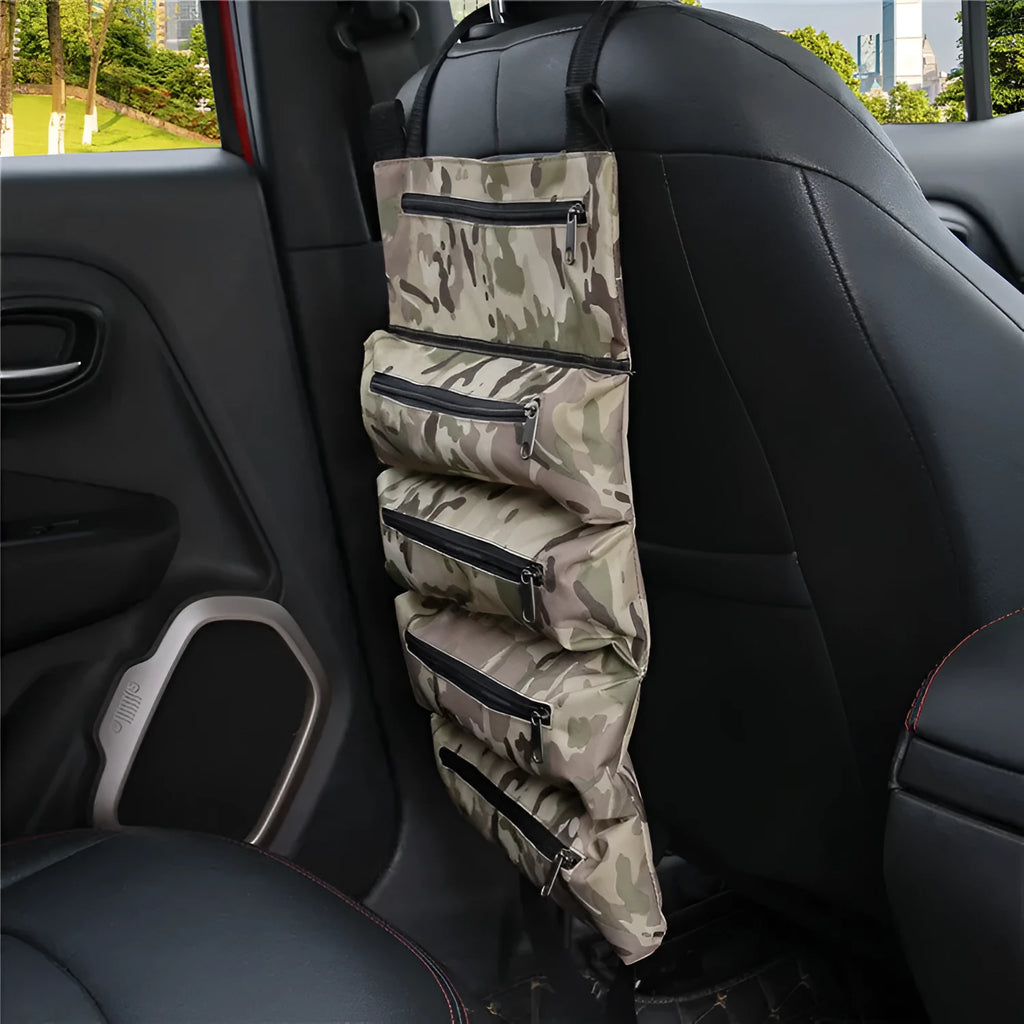 Car seat back storage bag in 600D Oxford cloth with zipper pockets, shown in Army Green, 29 x 49 cm
