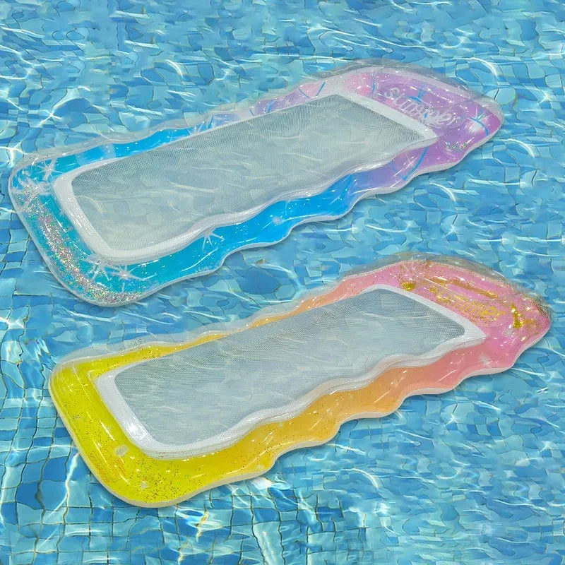 PVC thick sequins wave inflatable floating row with mesh deck chair in gradient colours