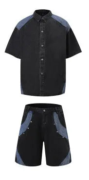 Retro washed denim suit set with short sleeve shirt and matching trousers in black or blue colour