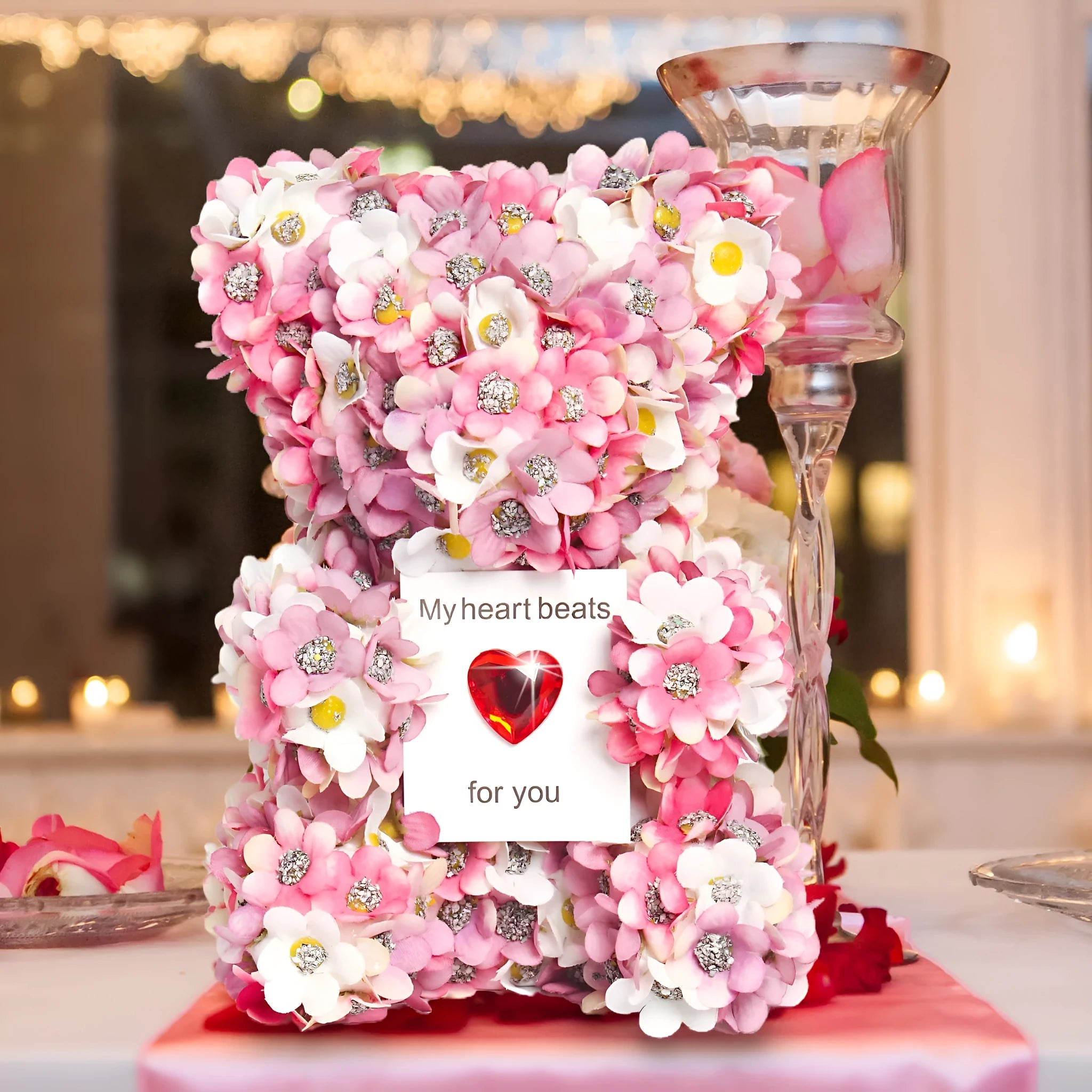 Pink handmade artificial rose bear ornament 17 cm tall polyester and foam construction Valentine's gift