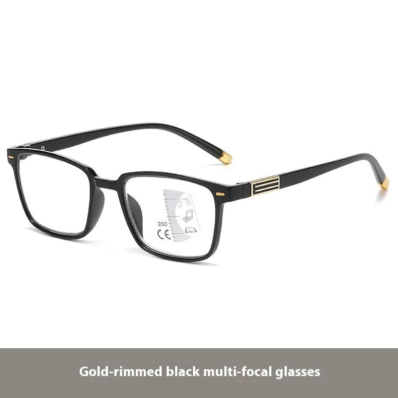 Multifocal blue light reading glasses with photochromic lenses in a black and silver frame style.