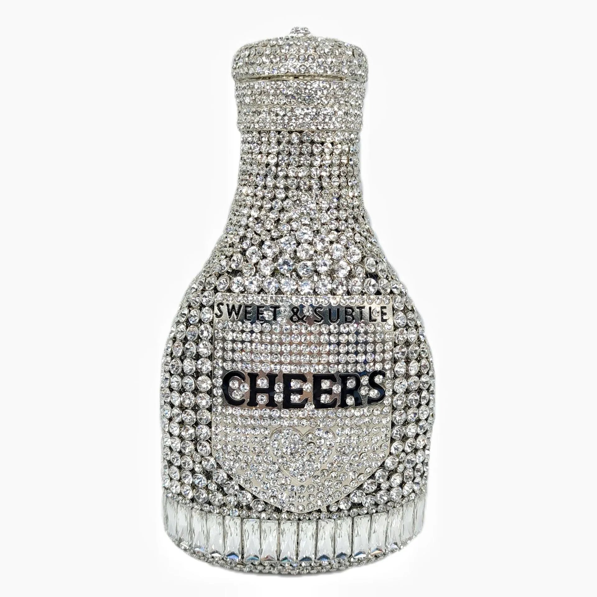 Gold rhinestone evening clutch bag shaped like a champagne bottle with a hard frame.