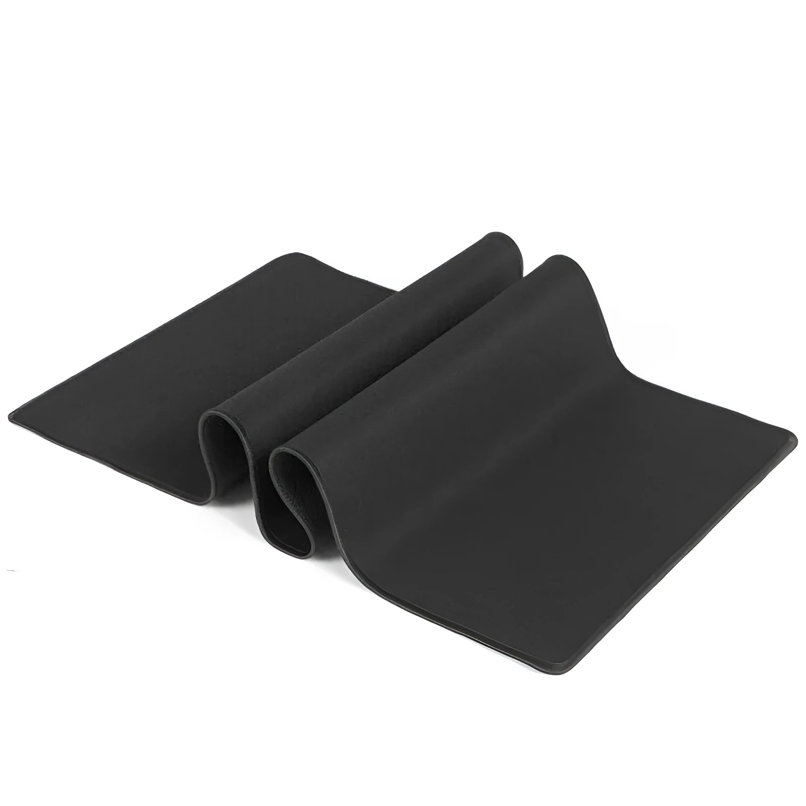 Extra long black cloth mouse pad with overlock edge on a desk