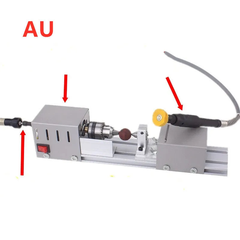 Metal mini woodworking lathe with carving knives and tools for small woodturning projects