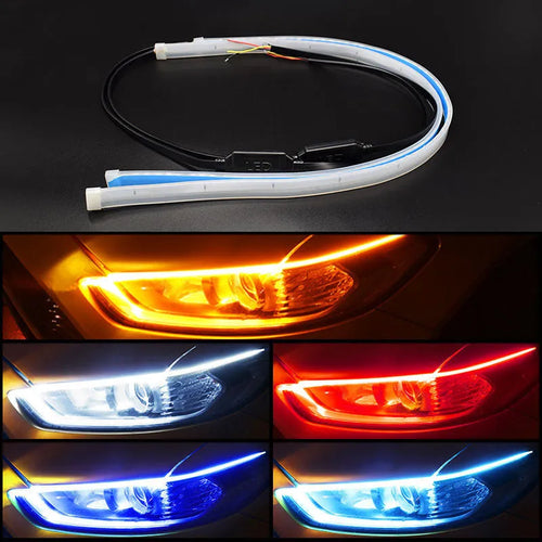 Flexible silicone LED car light strip with daytime running lights and flowing turn signal function