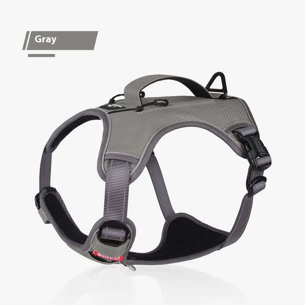 Reflective Oxford cloth pet harness in yellow with metal chain ring on white background