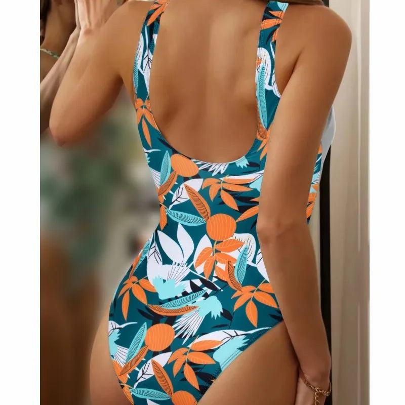 Women's high waist one-piece swimsuit in a printed pattern, shown in black and white colour options.