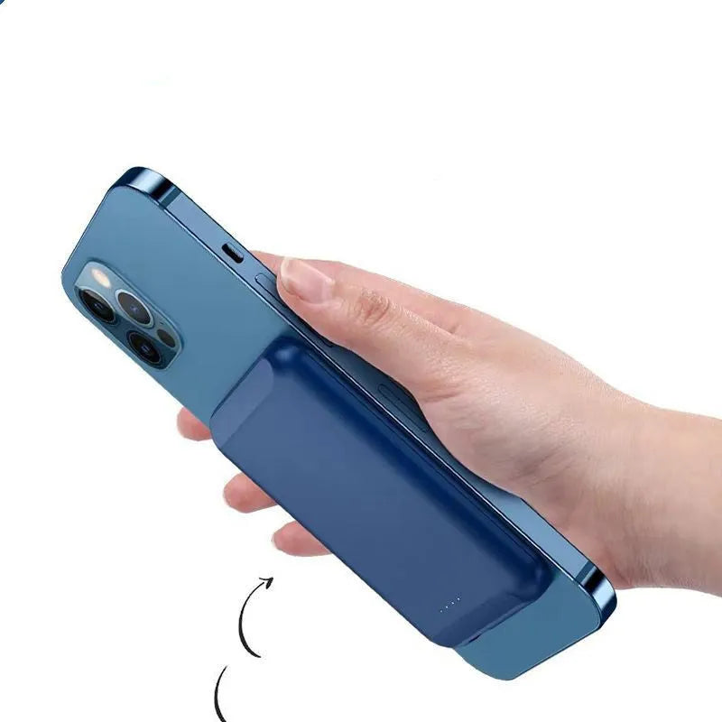 Magnetic wireless power bank in multiple colours showing dimensions 85mm by 55mm.