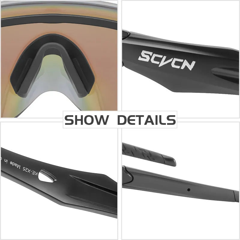 Frameless windproof athletic glasses with colourful integrated lens, shown in multiple colour styles.