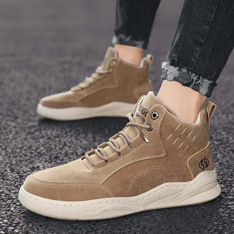 High-top board shoe in khaki with round toe and low heel