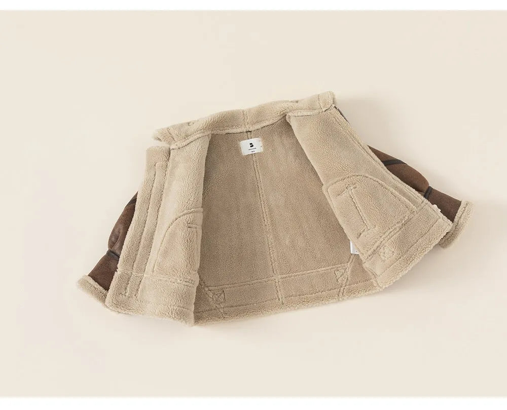 Boys retro locomotive style brown polyester winter coat with long sleeves, short length, sized 80-140cm