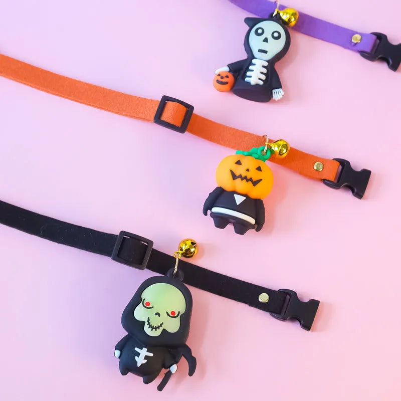 Halloween dog collar decoration in cartoon design, showing adjustable sizing on a model.