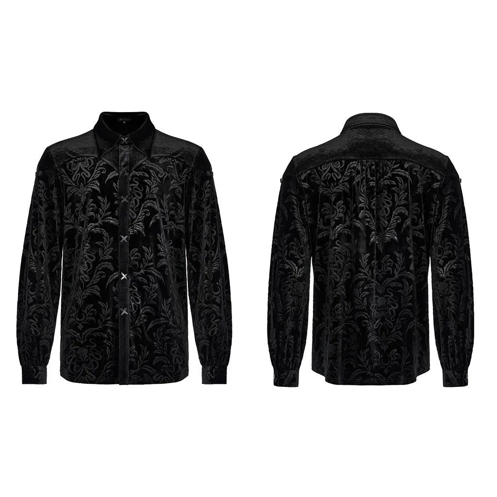 Black Gothic style velvet men's shirt with pointed collar, long sleeves, and decorative printing details