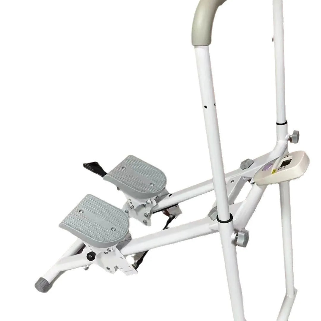 White foldable treadmill with attached indoor climbing frame for home gym use