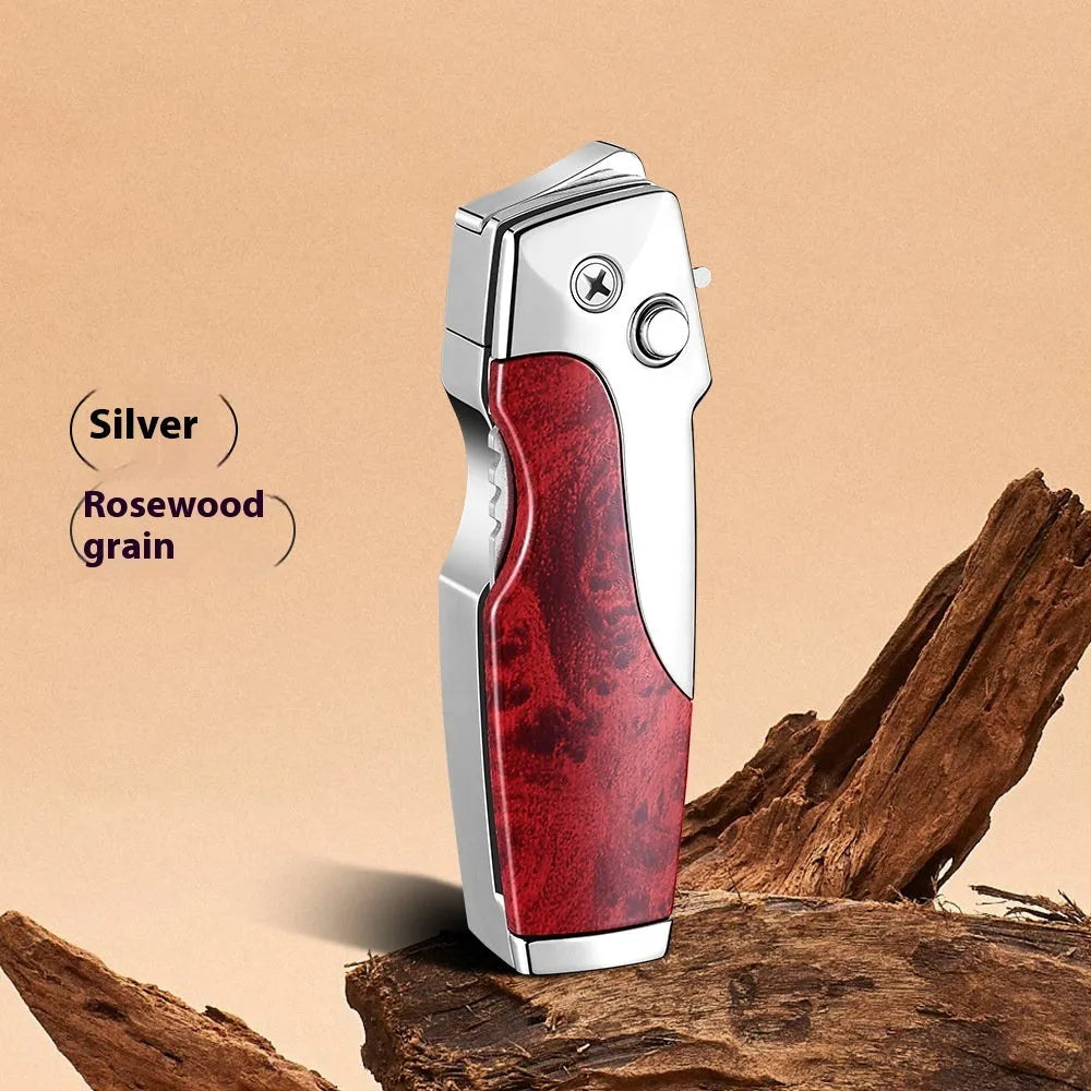 Metal folding lighter and pocket knife combo tool in zinc alloy with straight jet flame and folding blade