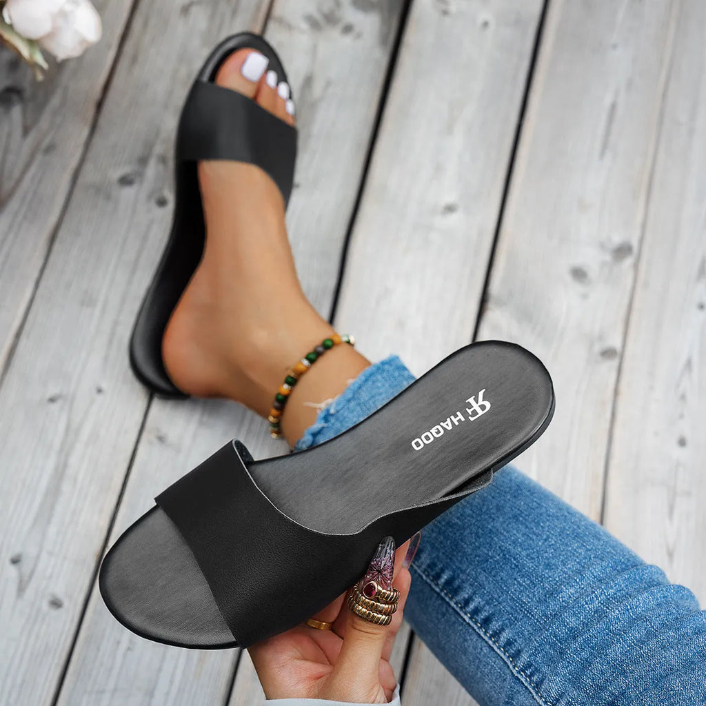 Women's fish mouth flat slides slippers in black with artificial PU sole, side view
