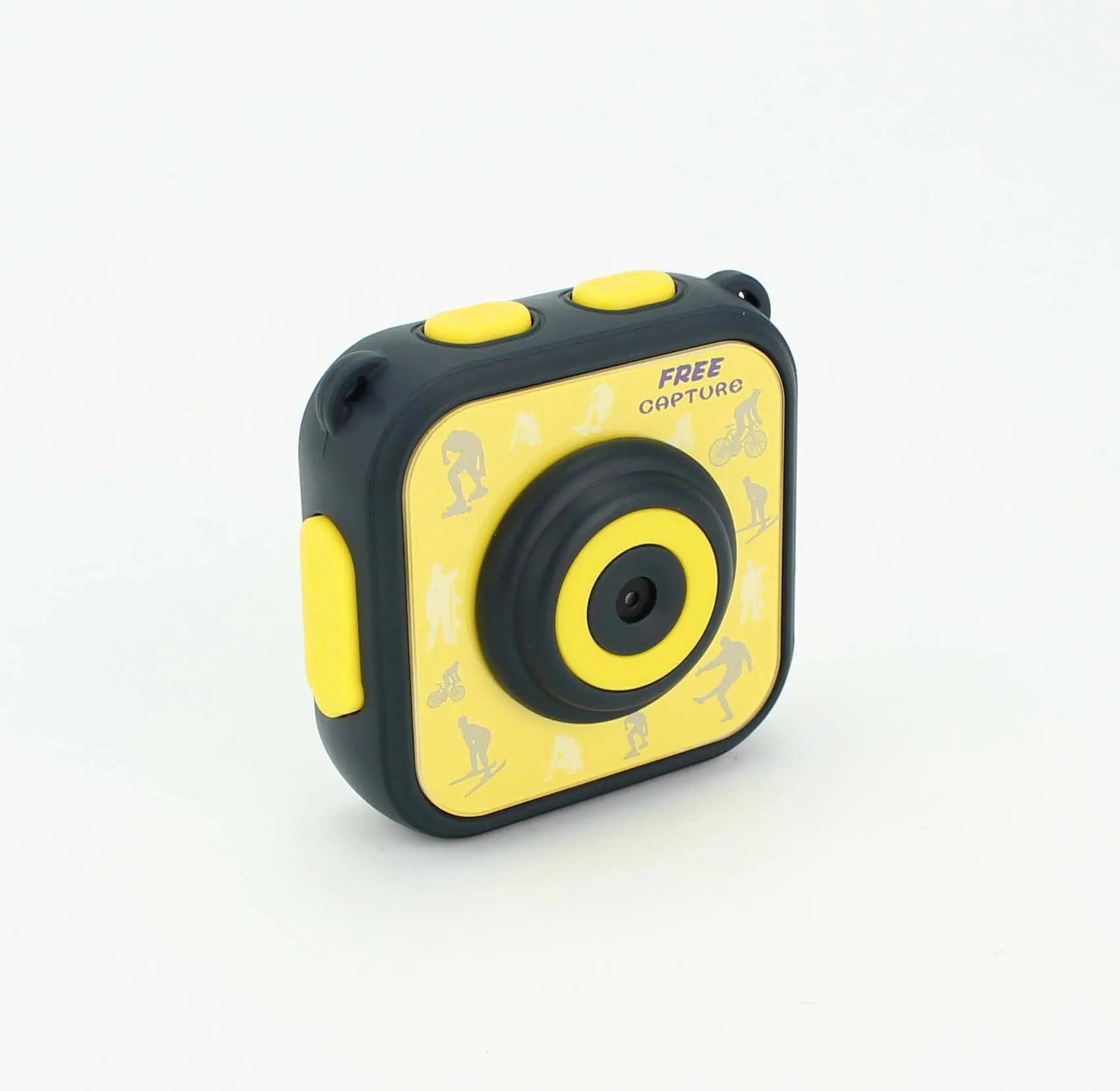Yellow children's waterproof sports camera with 1.77-inch screen showing dimensions of 60x60x25mm