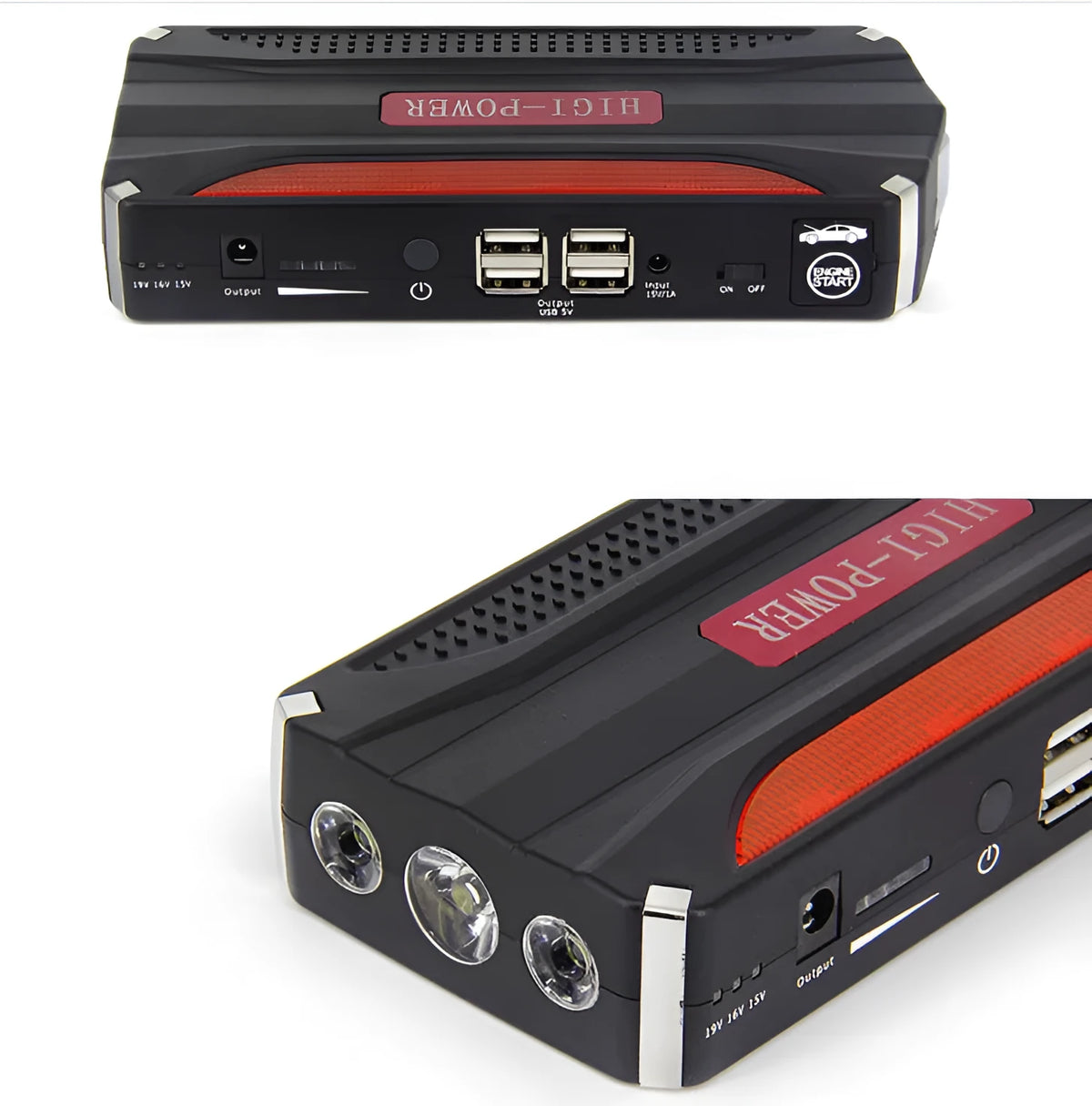 12V car jump starter 300A 600A peak with battery clamps, chargers, laptop connectors and retail tool case