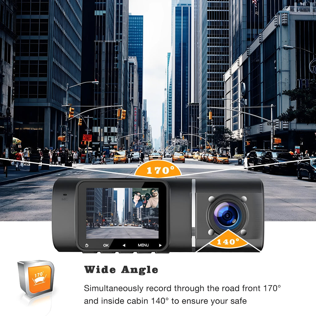 Black dual-lens dashboard camera with 1.5-inch screen mounted on car windscreen suction stand.