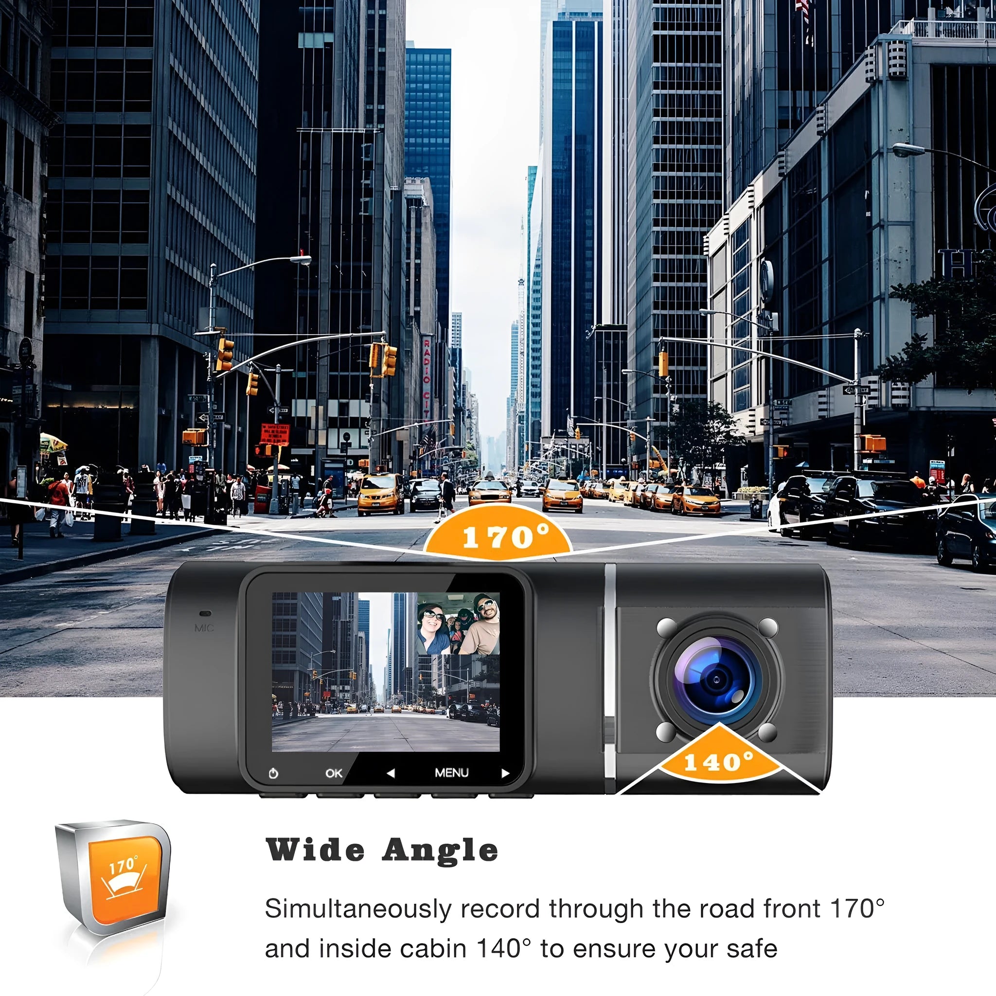Black dual-lens dashboard camera with 1.5-inch screen mounted on car windscreen suction stand.