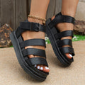 Women's adjustable buckle strap beach sandals with thick rubber sole in black, white, or orange colours