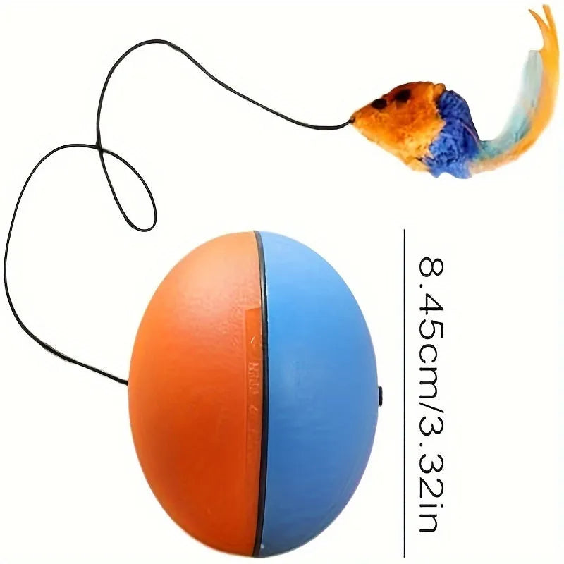 Interactive blue and orange cat toy ball with plush mouse attachment, shown next to a ruler for scale.