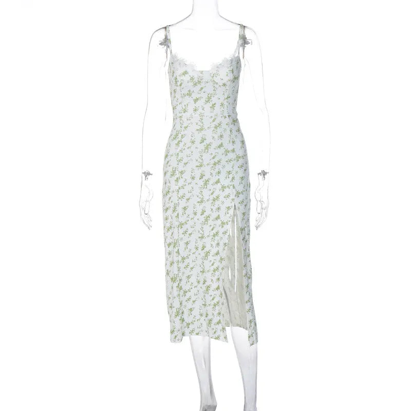 Women's lace flowers print long dress with suspender straps and side slit design