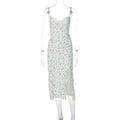 Women's lace flowers print long dress with suspender straps and side slit design