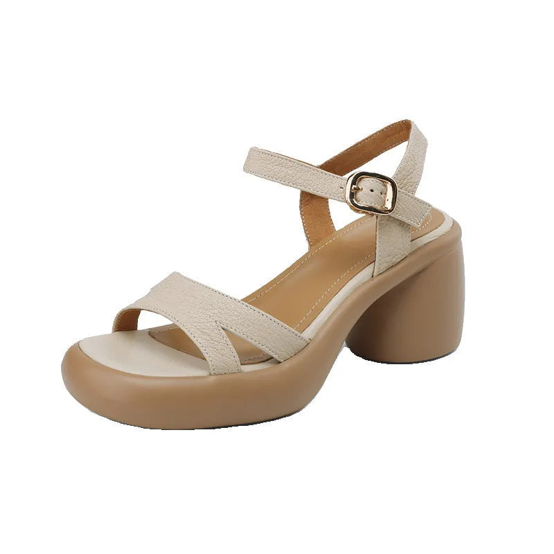 Women's open toe platform sandals in apricot with a round toe holder and a thick light-brown rubber sole.