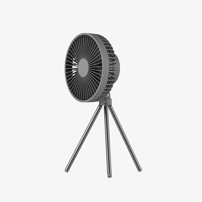 White USB rechargeable camping fan on aluminium tripod showing front view