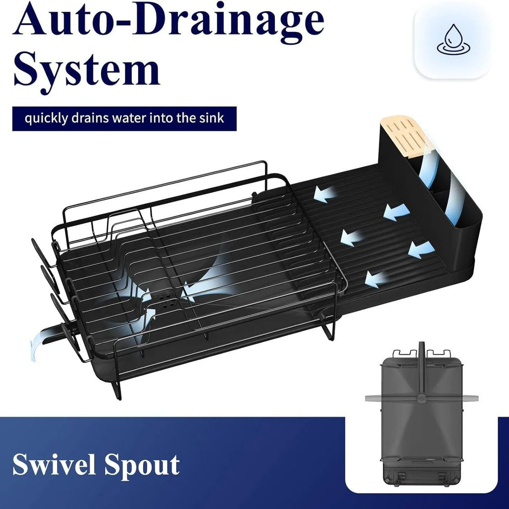 Retractable kitchen drain rack holding cutlery and cups with foldable carbon steel frame