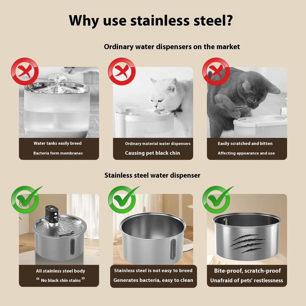 Stainless steel pet water fountain with white heating base on a kitchen floor