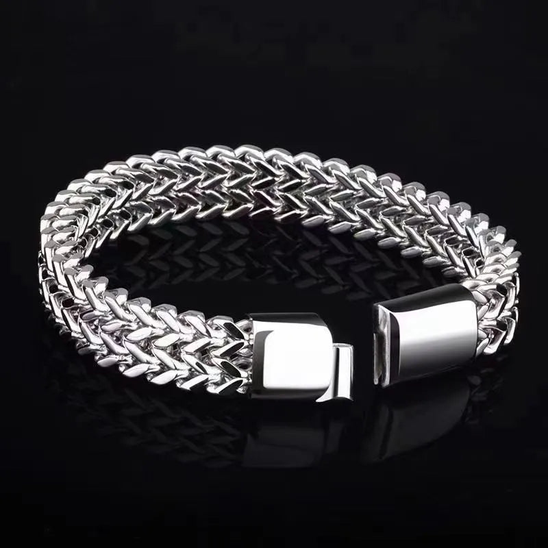 Silver geometric men's stainless steel bracelet shown front and back, available in multiple lengths.