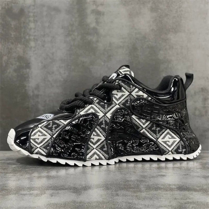 Men's platform trainers with embroidered stitching, thick rubber sole, mid heel, front lace-up, in scarlet black or creamy-white